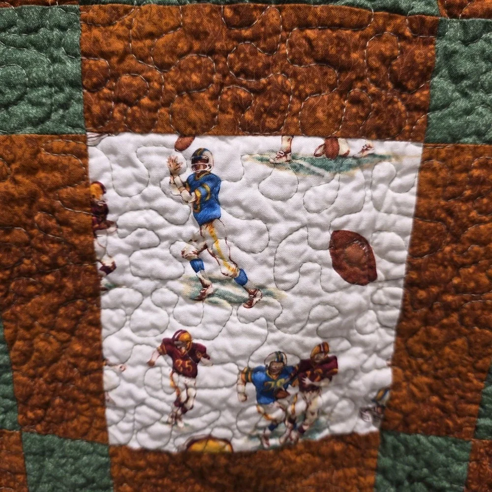Quilt 66x80 Handmade Machine Sewn Green Brown Ivory Patch Boys Football Sports